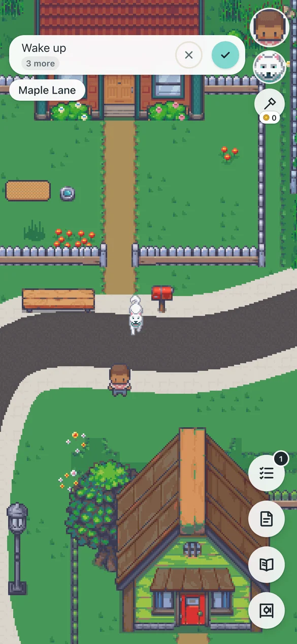 tly's pixel town, with Whitley on the path.